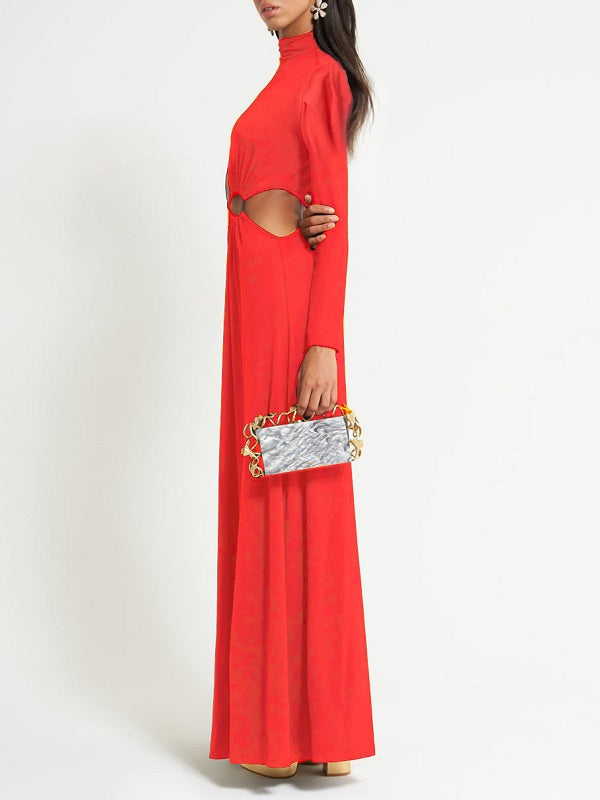 Whatwears Lace-up Mock Neck Maxi Dress