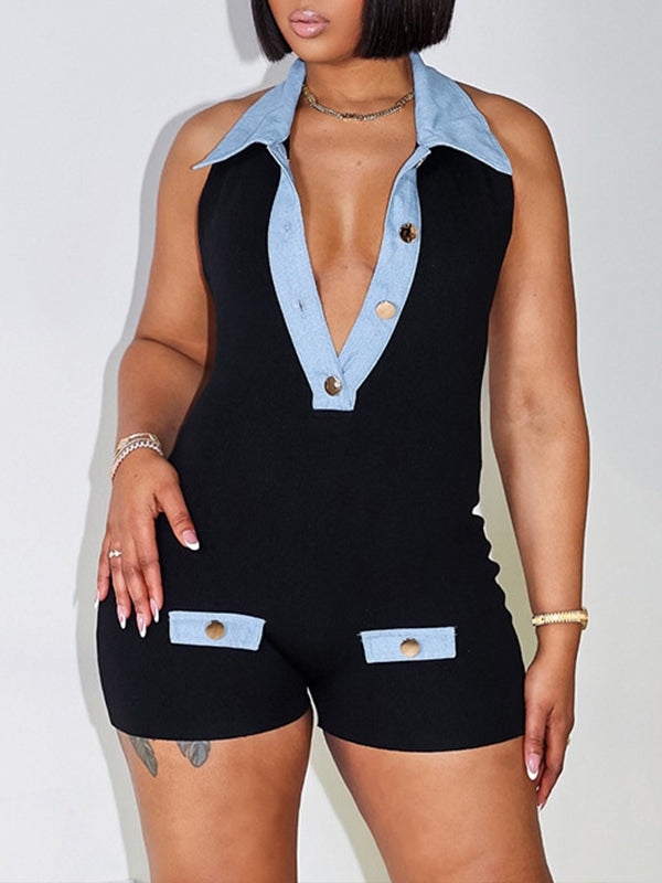 Denim Combo Halter Romper